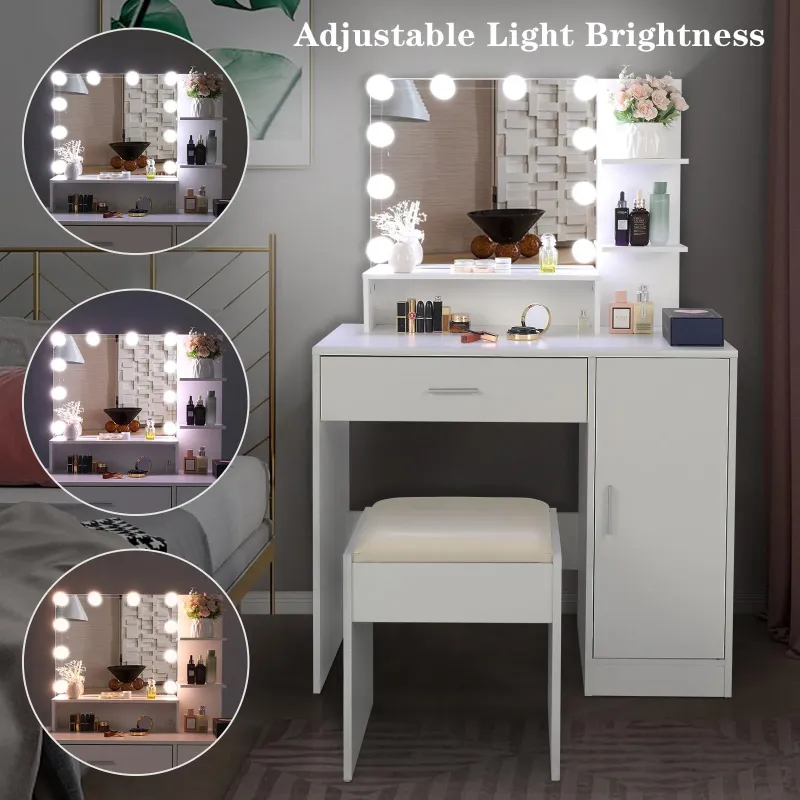 Photo 1 of **see notes**
Ktaxon Vanity Set with 3 Color Lighted Mirror, Makeup Table with 3 Storage Shelves & Drawers, Dressing Table Makeup Desk with Stool,White