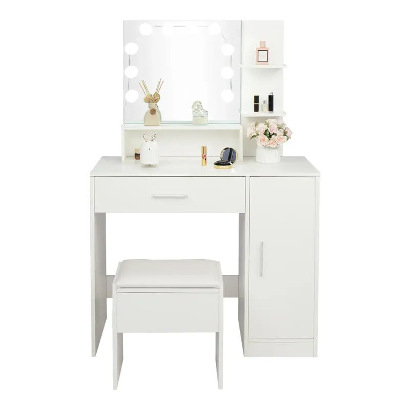 Photo 2 of **see notes**
Ktaxon Vanity Set with 3 Color Lighted Mirror, Makeup Table with 3 Storage Shelves & Drawers, Dressing Table Makeup Desk with Stool,White