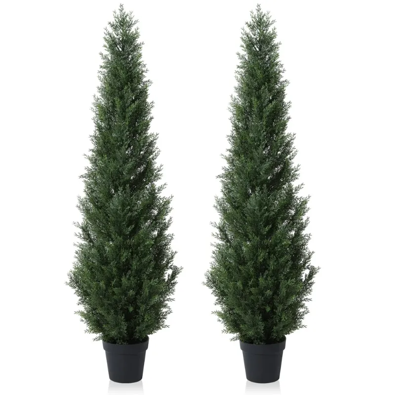 Photo 1 of Artificial Cedar Tree 5 FT Artificial Cedar Topiary Trees for Outdoors Potted Fake Cypress Trees Faux Evergreen Plants for Home Porch Decor Set of 2