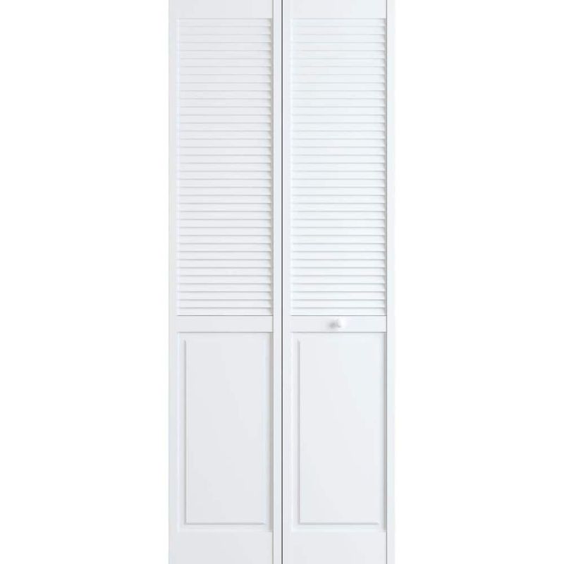 Photo 1 of 30 in. X 80 in. Louver/Panel Solid Core White Painted Pine Wood Bi-fold Door with Hardware