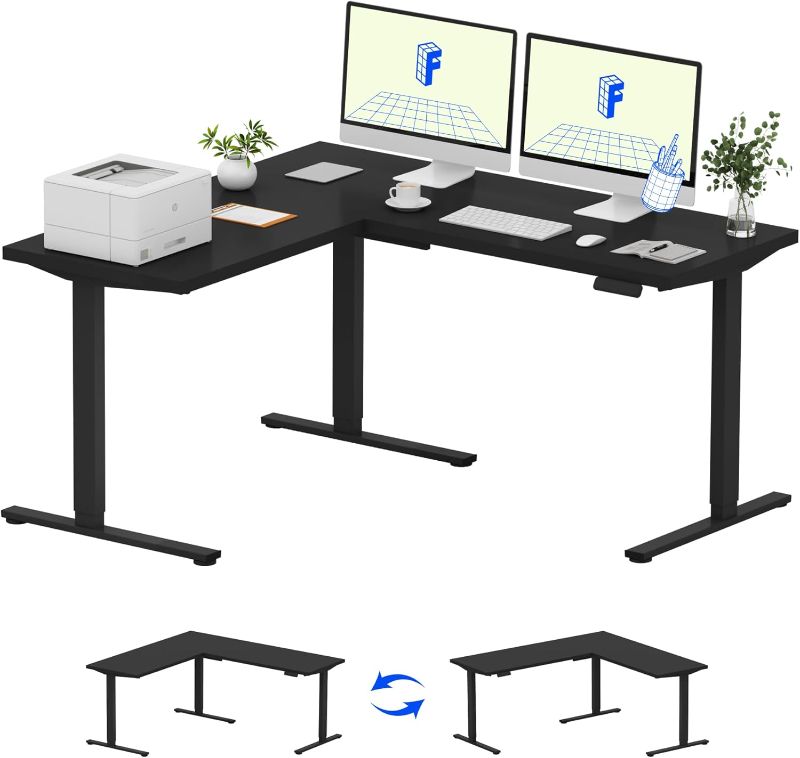 Photo 1 of FLEXISPOT L Shaped Standing Desk, 63 x 55 Inch Electric Height Adjustable Corner Desk, Sit Stand Computer Workstation, Preset Controller, Home Office, Black Frame with Black Top