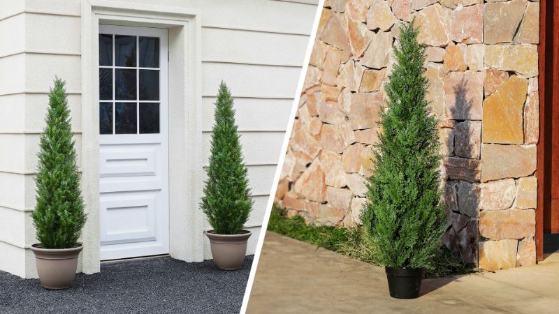 Photo 1 of Artificial Cedar Tree 2 Pack 4 ft Outdoor Artificial Topiary Cedar Plants Fake Tree UV Rated Potted Tree for Perfect Housewarming Gift, Set of 2
