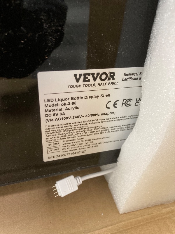 Photo 1 of VEVOR LED Lighted Liquor Bottle Display, 3 Tiers 60 Inches, Supports USB, Illuminated Home Bar Shelf with RF Remote & App Control 7 Static Colors 1-4 H Timing, Acrylic Lighted Shelf for 54 Bottles