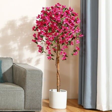 Photo 1 of 5FT Artificial Bougainvillea Flowers Tree Potted Plants with Wood Trunk and Pink Flowers for Housewarming Gift DR.Planzen 12 Lb
