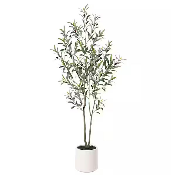 Photo 1 of 5 ft. Artificial Olive Tree with White Planter, Large Faux Olive Silk Tree for Indoor Home Decor and Housewarming Gift


