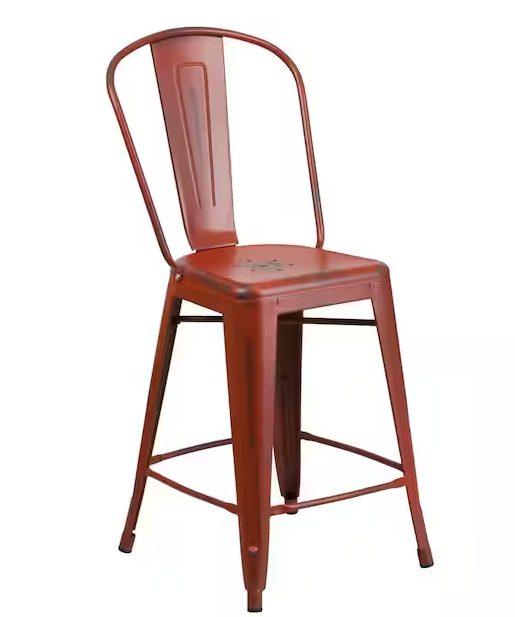 Photo 1 of 24 in. Distressed Red Metal Bar Stool
