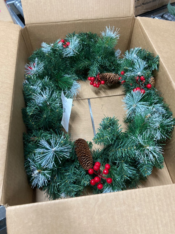 Photo 2 of 24" Pre- Artificial Christmas Wreaths for Front Door Decorated with Pine Cones, Red Berries, Frosted Branches, 50 LED Lights for Indoor Outdoor Christmas Decorations