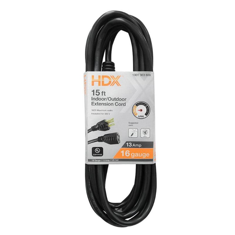 Photo 1 of 15 Ft. 16/3 Light Duty Indoor/Outdoor Extension Cord, Black