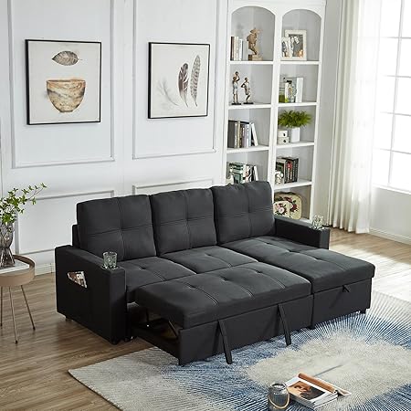 Photo 1 of ****PARTS ONLY****Mid-Century Modern Linen Sofa L-Shaped Sectional Sofa Pull Out Sofa Bed Convertible Sleeper Sofabed with Storage Chaise & USB & Cup Holder for Living Room-Black
