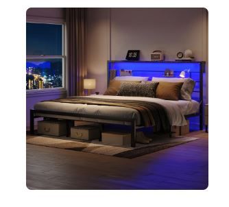 Photo 1 of Bestier King Size Bed Frame with 49.2" High LED Storage Headboard Shelf, Metal Platform Bed, Black
