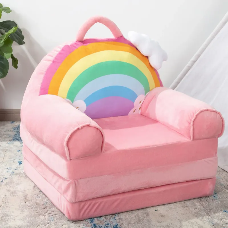 Photo 1 of 2 in 1 Convertible Plush Kids Sofa Flip Open Sofa Seat with Pockets,Kid Couch Toddler Chair for Toddler Baby Girls, Rainbow