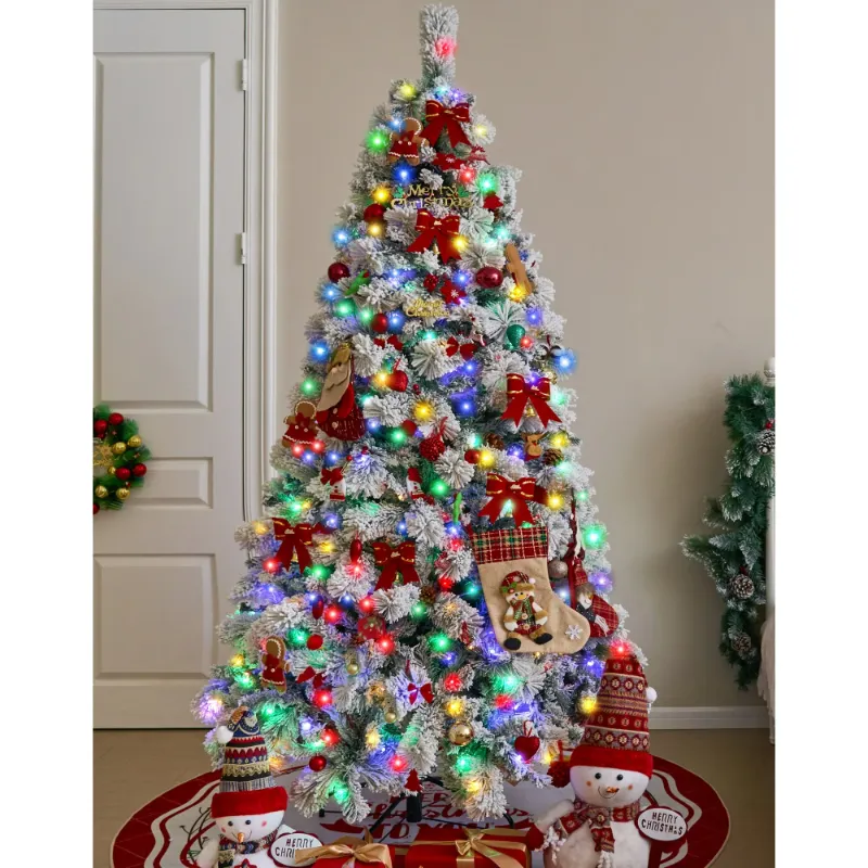 Photo 1 of BSHAPPLUS 7.5 ft Pre-Lit Snow Flocked Christmas Tree,600 Multicolor Lights,1450 Tips, Hinged Pine with Stand