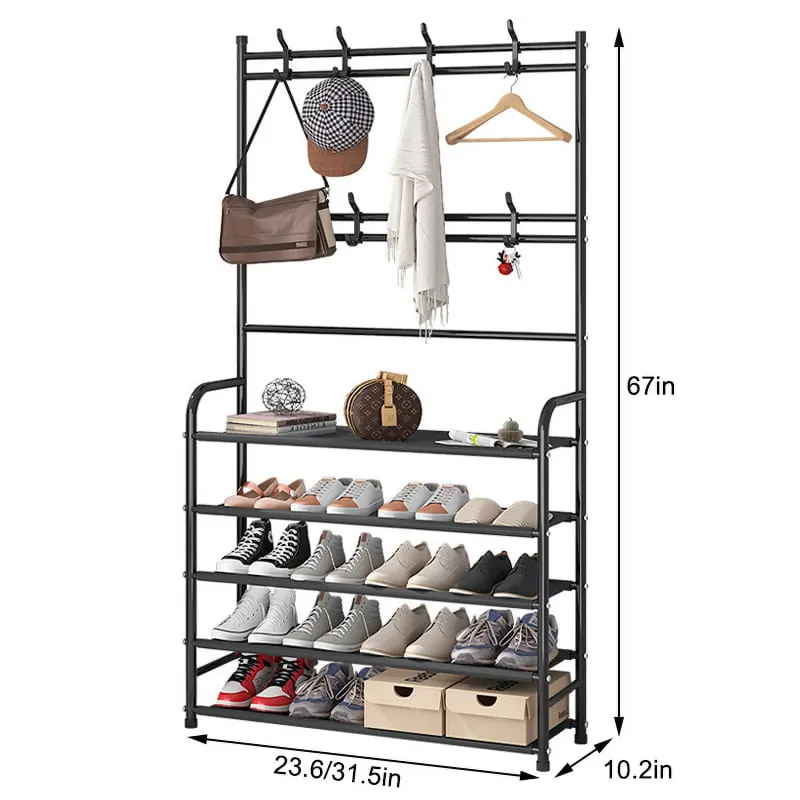 Photo 1 of ***Missing coat rack attachments*** HONEIER Coat Rack, Coat Rack Stand with 8 Removable Hooks and 5 Storage Shelves, Modern Industrial Style Coat Tree for Entryway Hallway 31*10*67 Inch Hall Tree Shoe Rack