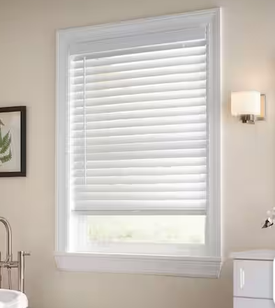 Photo 1 of **MISSING HARDWARE***White Cordless Faux Wood Blinds for Windows with 2 in. Slats - 34.5 in. W x 64 in. L (Actual Size 34 in. W x 64 in. L)
