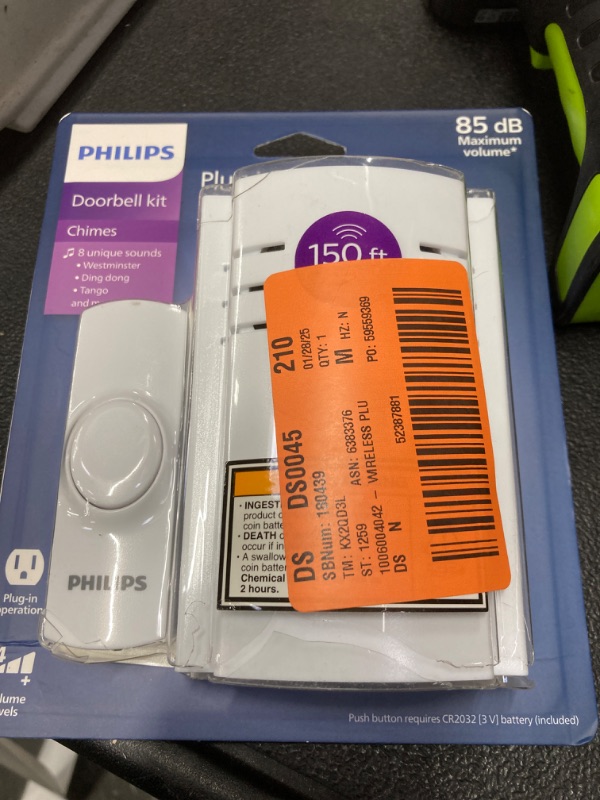 Photo 1 of Philips Wireless Doorbell Kit, Plug-In Reciever, 1 Push Button, 8 Melodies, 4 Volume Levels, 150 Ft Range, White, DES2180W/27
