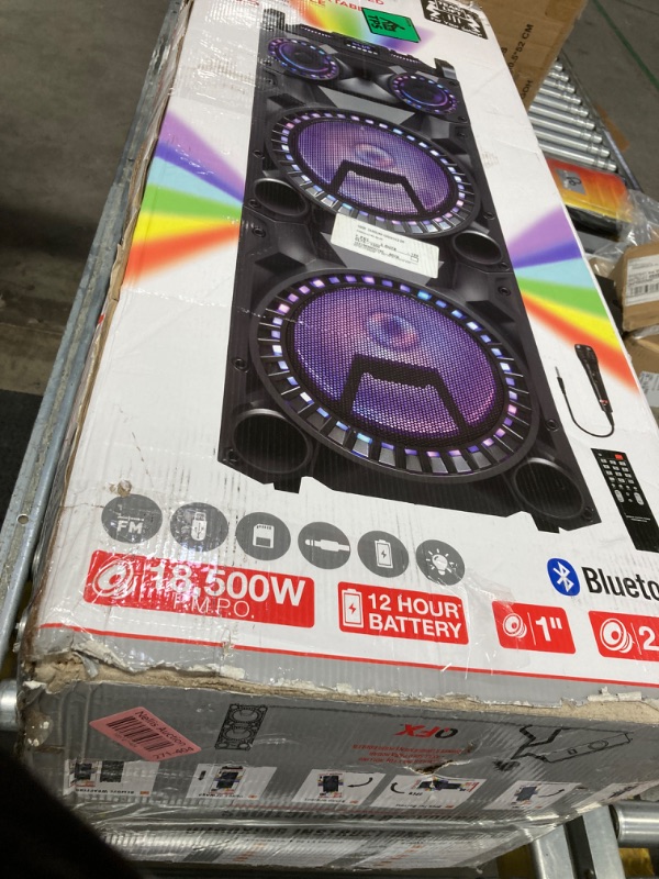 Photo 1 of qfx pbx-1212 tws bluetooth rechargeable recording dual 12? woofer dual 1? tweeter speaker with microphone input, guitar input, aux input, usb port, sd card port, fm radio, and led party lights