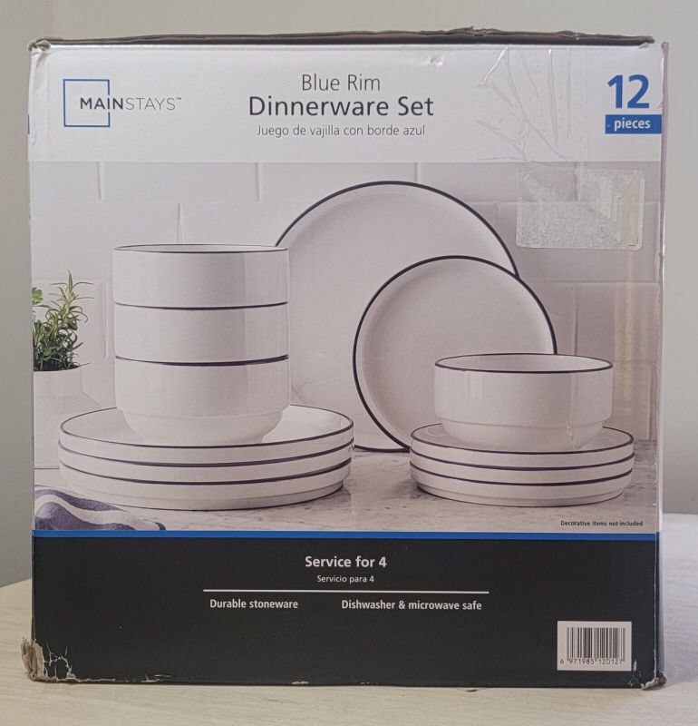 Photo 1 of 12-Piece Blue Rim Stoneware Dinnerware Set Dishwasher Safe