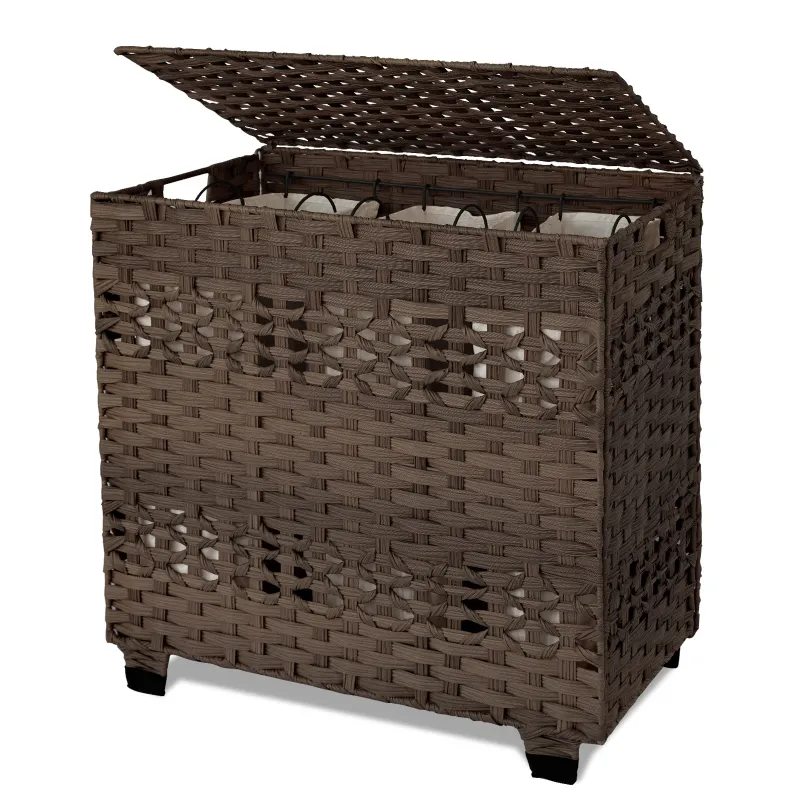 Photo 1 of CHERISHGARD Laundry Hamper 135L Handwoven Rattan Laundry Basket with Lid & Heightened Feet 3 Removable Liner Bags 26x13x26 Inches