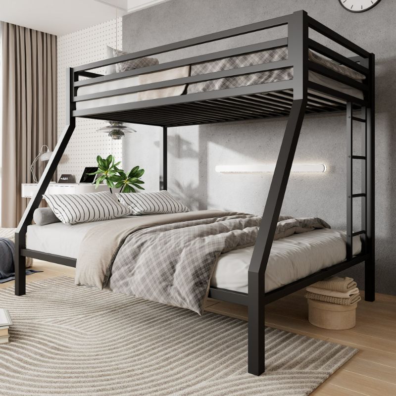 Photo 1 of Amolife Twin over Full Metal Bunk Bed with Removable Ladder, Full-Length Guardrail, Black
