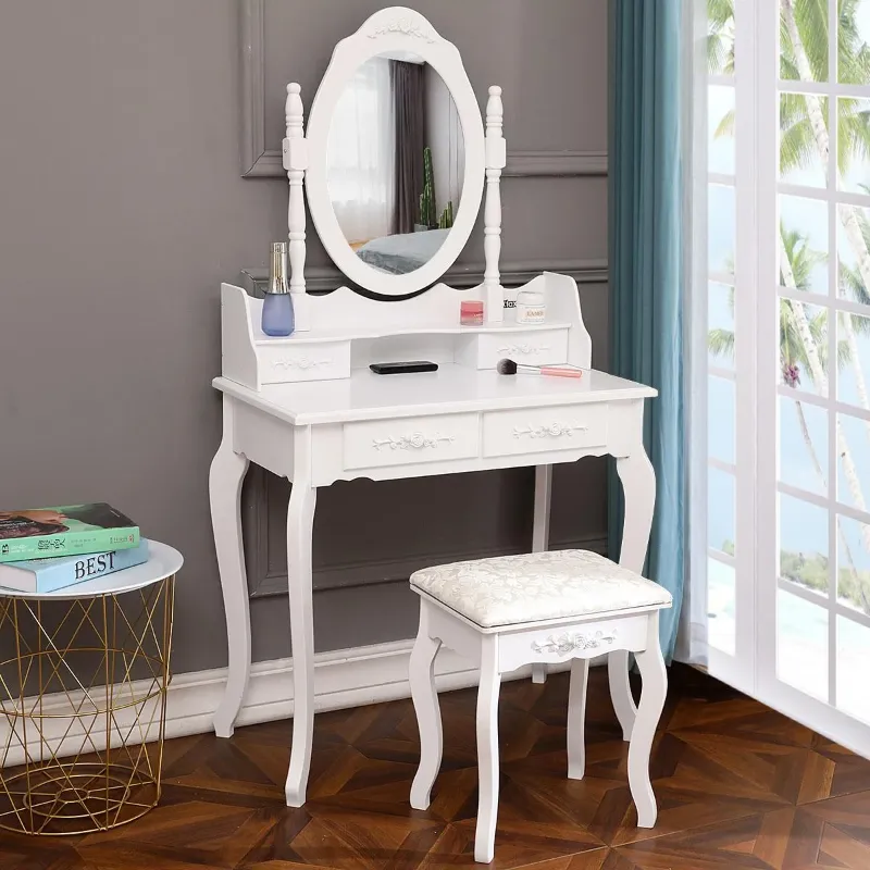 Photo 1 of ***PARTS ONLY****Ktaxon Elegance White Dressing Table Vanity Table and Stool Set Wood Makeup Desk with 4 Drawers & Mirror