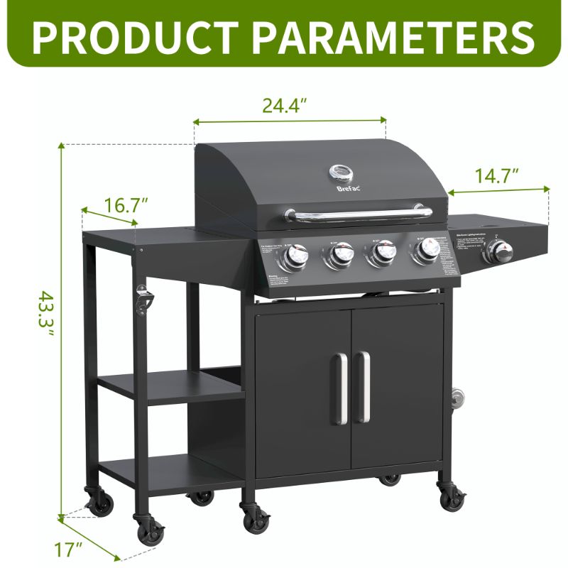 Photo 2 of Brefac 4 Burner Propane Gas Grill with 3 Tier Shelf, 50000 BTU Outdoor Cooking Stainless Steel BBQ Grills Cabinet,Can be Placed Smoke Box?Black