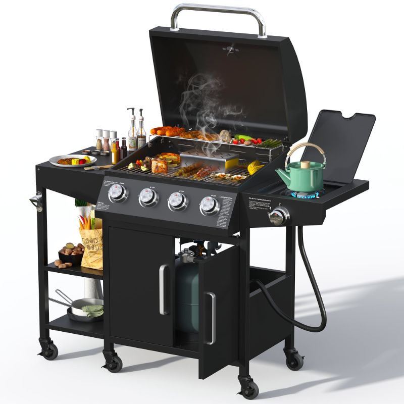 Photo 1 of Brefac 4 Burner Propane Gas Grill with 3 Tier Shelf, 50000 BTU Outdoor Cooking Stainless Steel BBQ Grills Cabinet,Can be Placed Smoke Box?Black