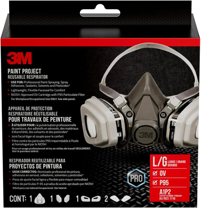 Photo 1 of 3M P95 / Organic Vapor Paint Project Reusable Respirator 6311, Large Size , NIOSH-APPROVED, Use For Professional Paint Spraying, Lightweight, Flexible, Thermoplastic Faceseal For Comfort (6311P1-DC)