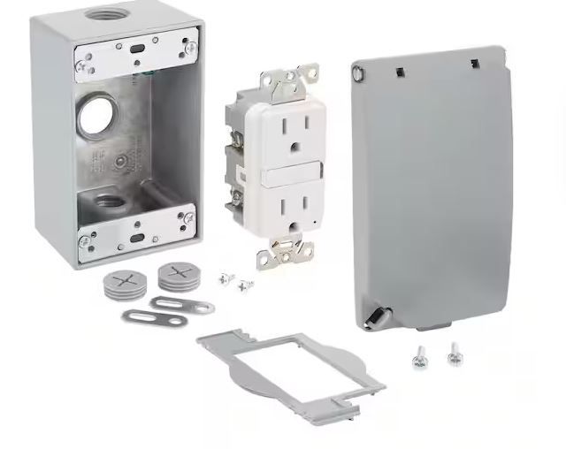 Photo 1 of 1-Gang Metal Weatherproof Electrical Box, Cover and GFCI Kit (24-in-1 Configurations), Gray