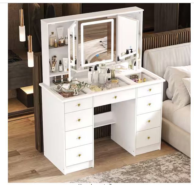 Photo 1 of  Makeup Vanity Desk With Lighted Mirror & Power Outlet Glass Tabletop Bedroom Dressing Table White