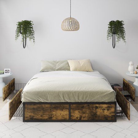 Photo 1 of Allewie Industrial Queen Size Metal Platform Bed Frame with 4 XL Storage Drawers with Casters
