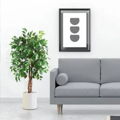 Photo 1 of 4FT Artificial Ficus Tree with Natural Wood Trunk and Lifelike Leaves, Silk Fake Potted Tree with Wood Branches, Faux Tree for Office Home Decor
