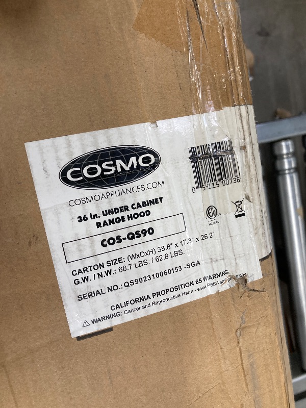 Photo 1 of COSMO COS-QS90 Under Cabinet Range Hood with 500 CFM, Permanent Filters, LED Lights, Convertible from Ducted to Ductless (Kit Not Included), 36 in, Stainless Steel