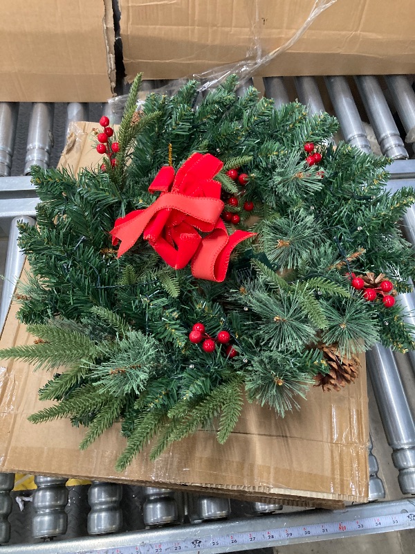 Photo 2 of 24" Pre- Christmas Wreath Decorations with 70 Lights and PVC Branches, Artificial Christmas Wreaths for Front Door, Battery-Operated, with Pine Cones and Ribbons, Green and Red