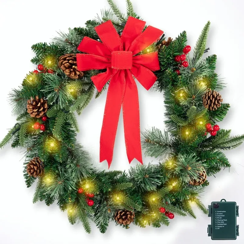 Photo 1 of ***THERE ARE NO LIGHTS INCLUDED***** 24" Pre- Christmas Wreath Decorations with 70 Lights and PVC Branches, Artificial Christmas Wreaths for Front Door, Battery-Operated, with Pine Cones and Ribbons, Green and Red