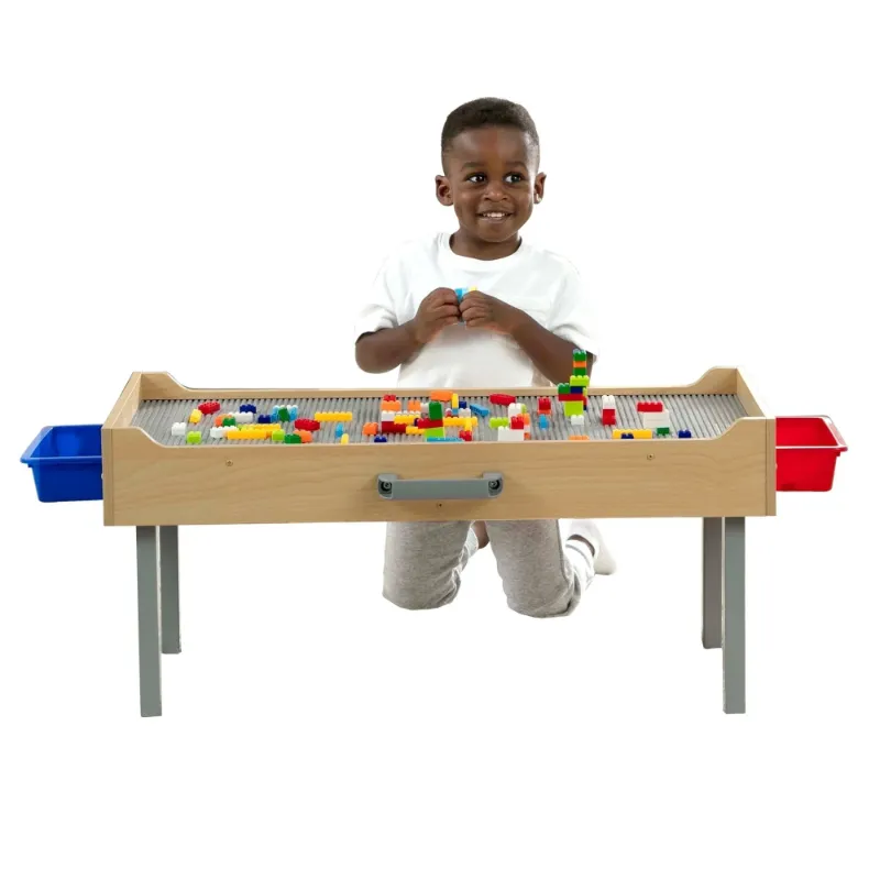 Photo 1 of ***MISSING ONE LEG****Delta Children Wooden Play N Store Building Bricks Play Table with 100+ Play Bricks Included - Large Brick Plate Compatible with LEGO, MegaBlocks & More - Legs Fold for Easy Under Bed Storage, Grey (***MISSING LEG AND BLU BOX***)