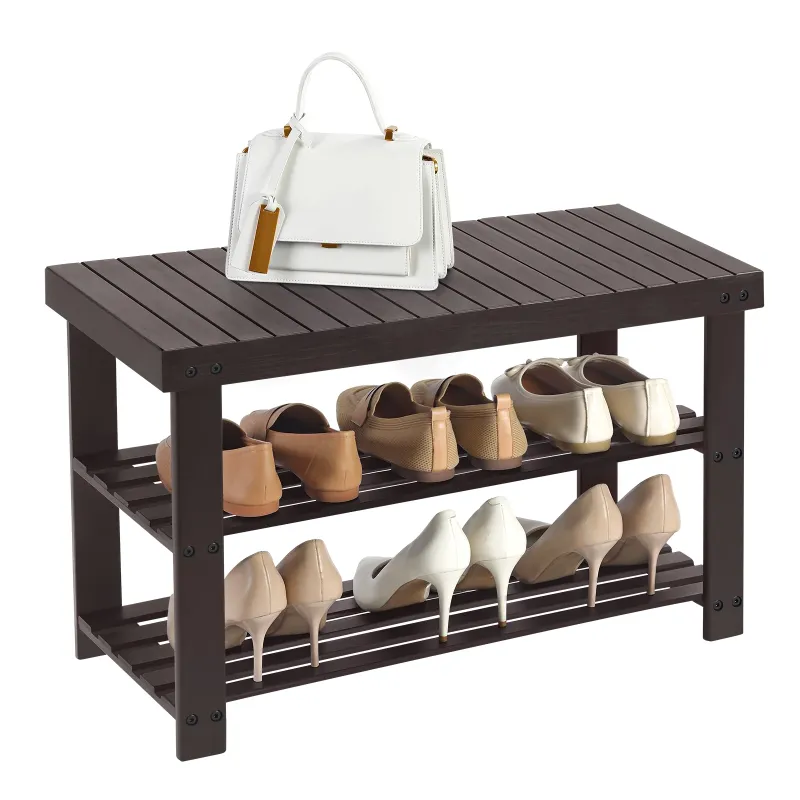 Photo 1 of 3-Tier Shoe Rack Bench, Hallway Bamboo Organizer, Home Storage Shelf with Holds 286 lb, Brown
