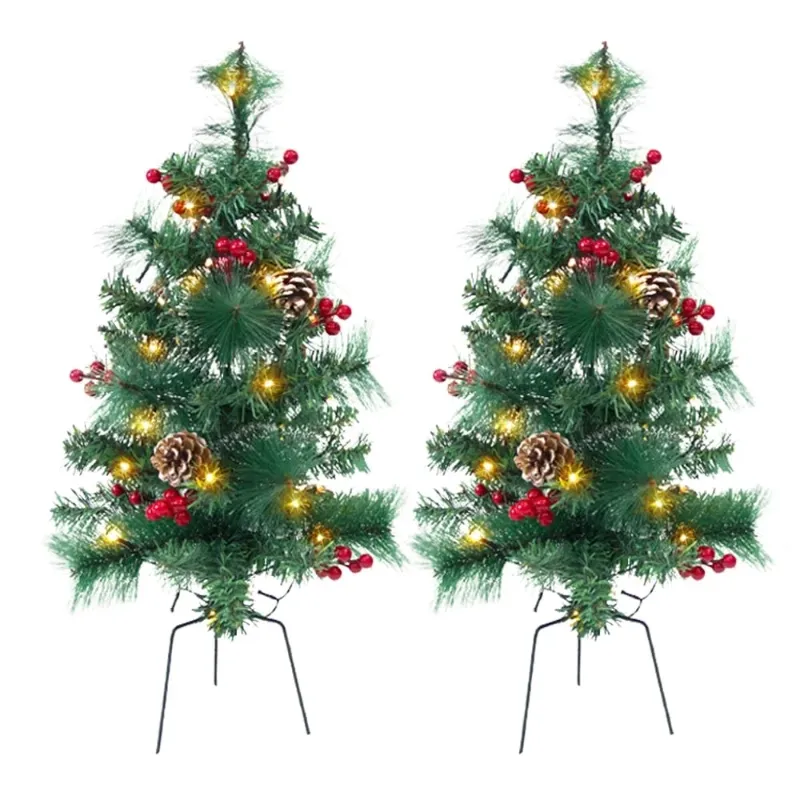 Photo 1 of 24in Artificial Christmas Trees Set of 2 Pre-Lit Mini Christmas Trees with 30 LED Lights, Pine, Berries for Indoor Outdoor Decor
