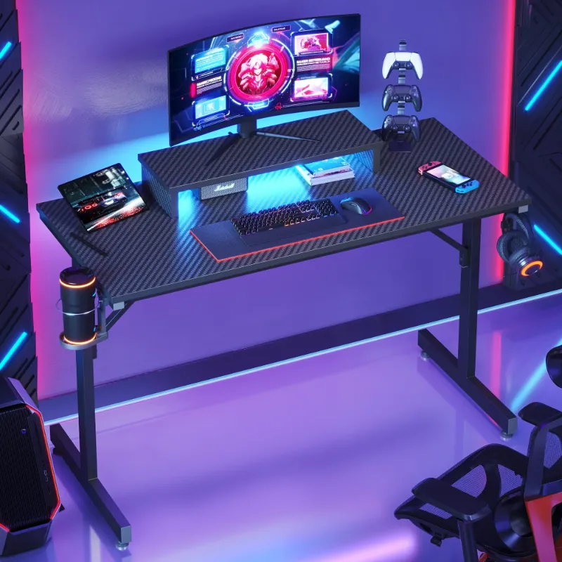 Photo 1 of Bestier 42" Gaming Desk PC Computer Office Table Desk with LED Lights & Monitor Stand & Headphone Hook & Cup Holder in Carbon Fiber Black
