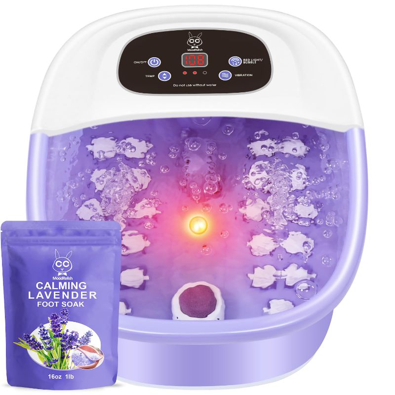 Photo 1 of Foot Spa Bath Massager with Heat Bubbles and Vibration Massage and Jets, 16 OZ Calming Lavender Foot Soak Epsom Salt, MoodRelish Foot Soaker With Red Light, 22 Massage Rollers, Adjustable Temp -Purple
