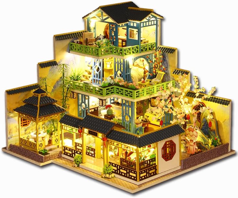 Photo 1 of Yuzhen DIY Miniature Dollhouse with Furniture and LED Lights, Japanese Style Wooden Mini-House Includes Dustcover and Music Movement, Collectibles for Hobbies
