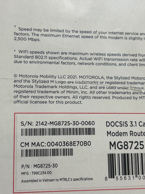 Photo 2 of Motorola WiFi 6 AX6000 DOCSIS 3.1 Mesh Router and Multi-Gig Cable Modem - (MG8725)