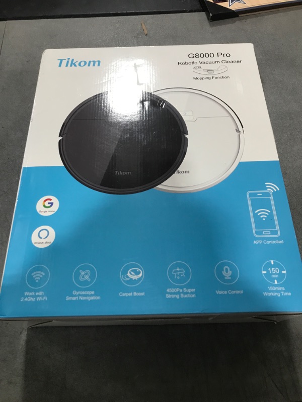 Photo 2 of Tikom Robot Vacuum and Mop Combo 2 in 1, 4500Pa Strong Suction, G8000 Pro Robotic Vacuum Cleaner, 150mins Max, Wi-Fi, Self-Charging, Good for Carpet, Hard Floor