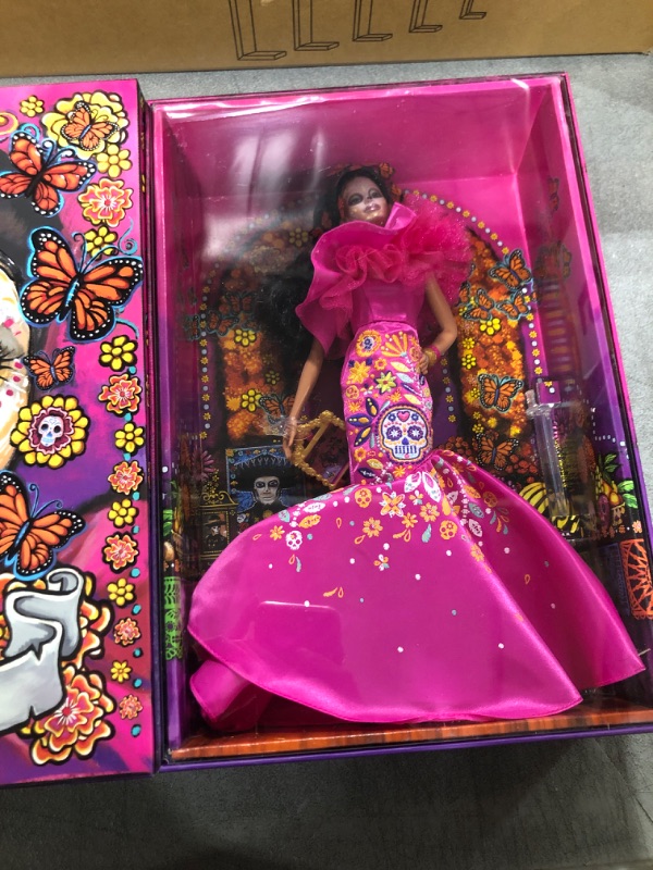 Photo 2 of Barbie Signature Doll, 2022 Dia De Muertos Collectible, Traditional Ruffled Dress with Flower Crown & Calavera Face Paint