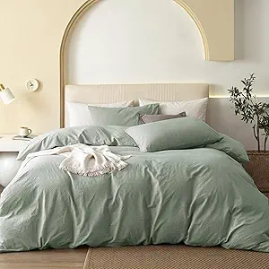 Photo 1 of JIYUAN 100% Washed Cotton Duvet Cover Set Comfy Simple Style Soft Breathable Textured Durable Linen Feel Bedding for All Seasons Queen Size,Solid Sage Green
