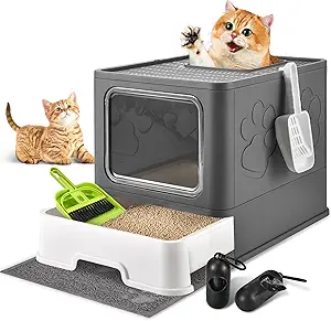 Photo 1 of Cat Litter Box with Litter Mat, Foldable Extra Large Free in and Out/One-Way Liiter Box with Lid, Drawer Type Enclosed Kitty Litter Box,Odor Control Anti-Splashing Easy Cleaning (Dark Grey)
