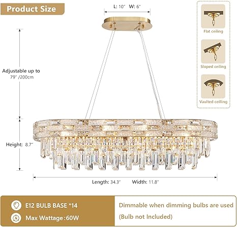 Photo 1 of Modern Crystal Chandelier,14-Light Gold Chandelier Light Fixture Luxury K9 Crystal Rectangular Pendant Ceiling Light Fixture for Dining Living Room Kitchen Island Bar (L34.3Inch)
