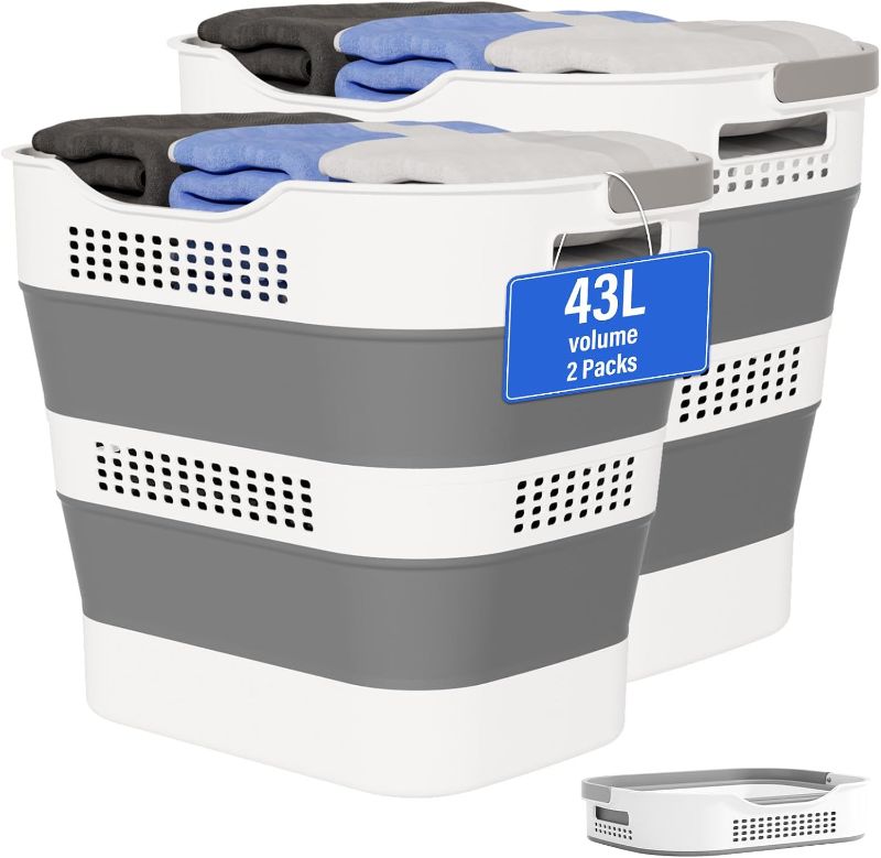 Photo 1 of 43L+43L Collapsible Laundry Baskets plastic, Pop Up Laundry hamper/Storage Container, Foldable Laundry Basket with Handles, Durable,Space Saver (Grey, 2 Packs)