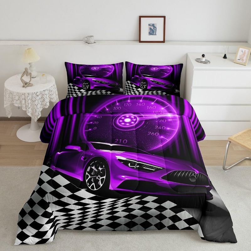 Photo 1 of Erosebridal Purple Race Car Comforter Set for Teenage Boys,Glitter Ombre Line Art Bedding Set Neon Light Sports Car Dashboard Quilt Twin,Black and White Grid Lattice Buffalo Plaid Decor