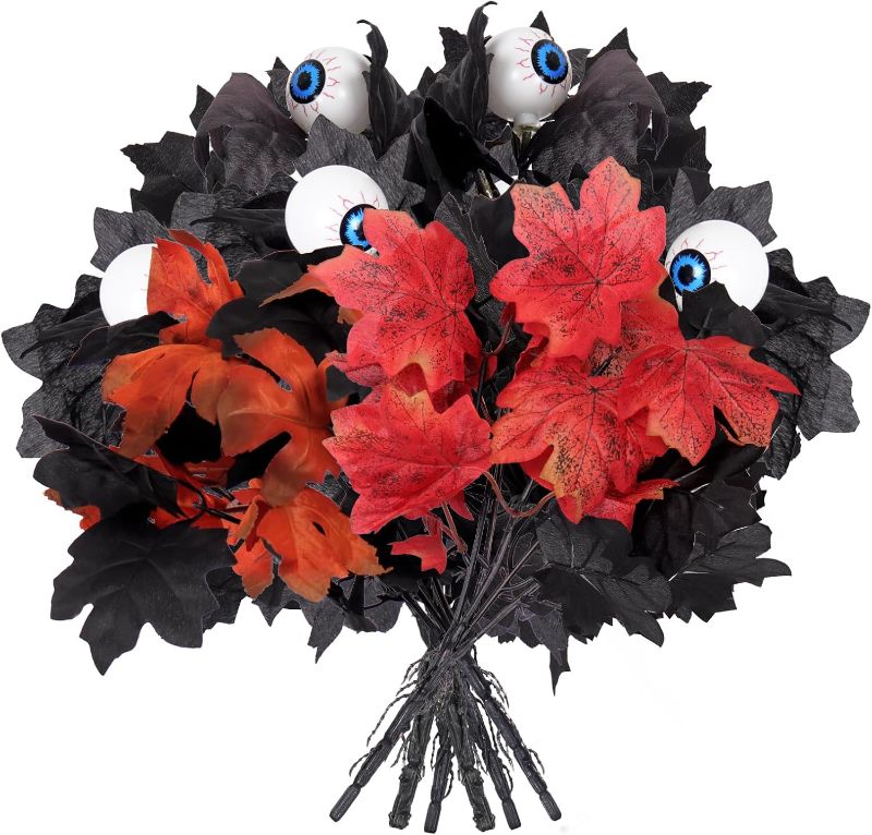 Photo 1 of RECUTMS 6 Pack Black Artificial Maple Leaf with Eyes, Autumn Fake Shrubs Silk Bushes Fall Leaves Stem Faux Plants,Floral Branch DIY Arrangement for Halloween