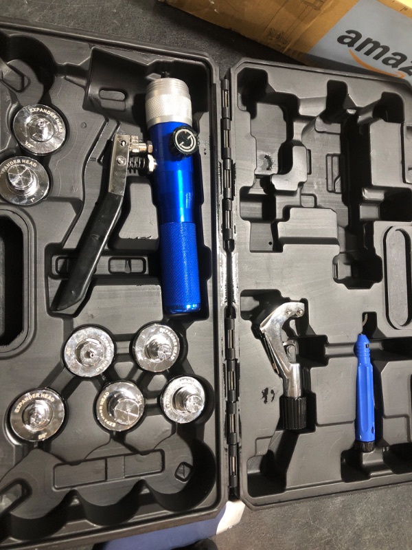 Photo 1 of AMZCNC Hydraulic Tube Expander Compact Swaging Tool Kit with Tube Cutter, Deburring Tool and 7 Expander Heads for 3/8 to 1-1/8 Inches Copper Pipes HVAC Expander Tools (3/8“~1-1/8”)